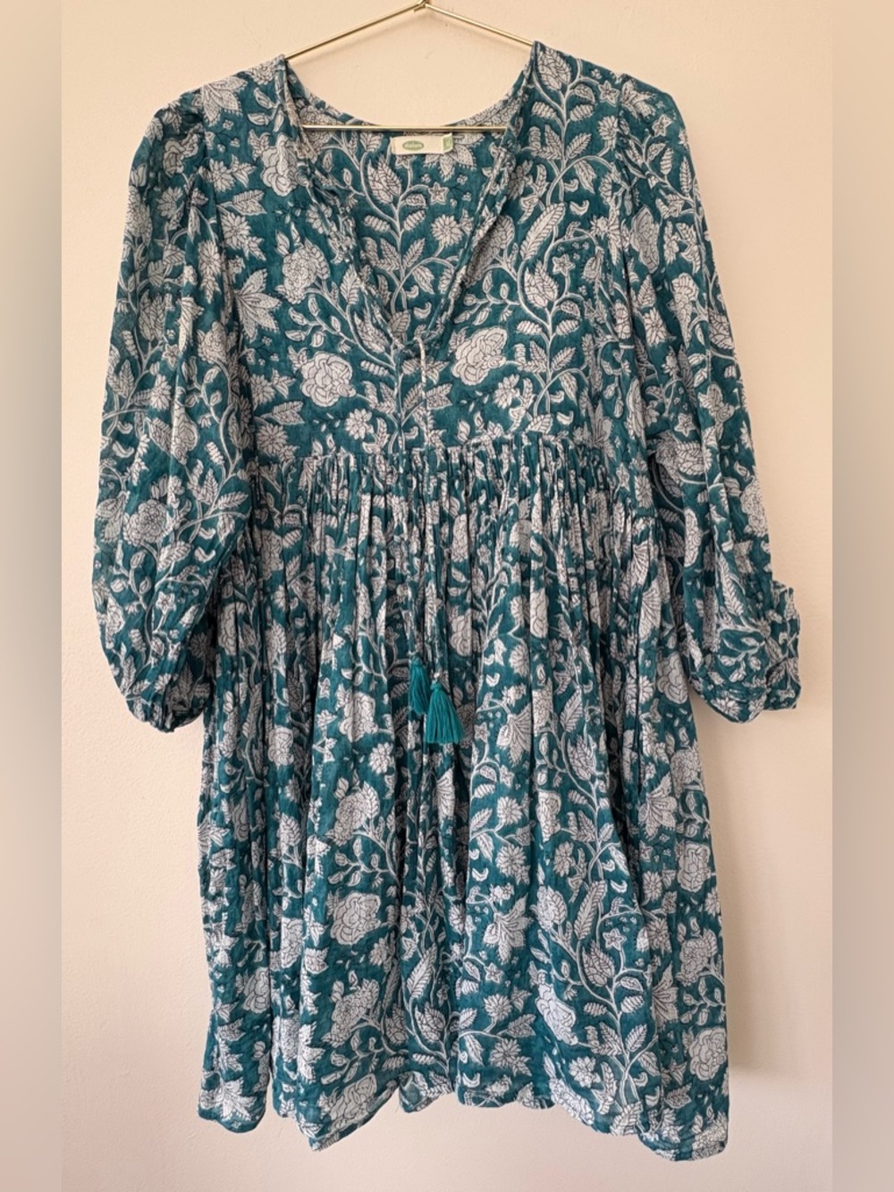 Dolma Floral Boho Mini Dress Size M Teal Tassel Tie Peasant - Picture 2 of 4